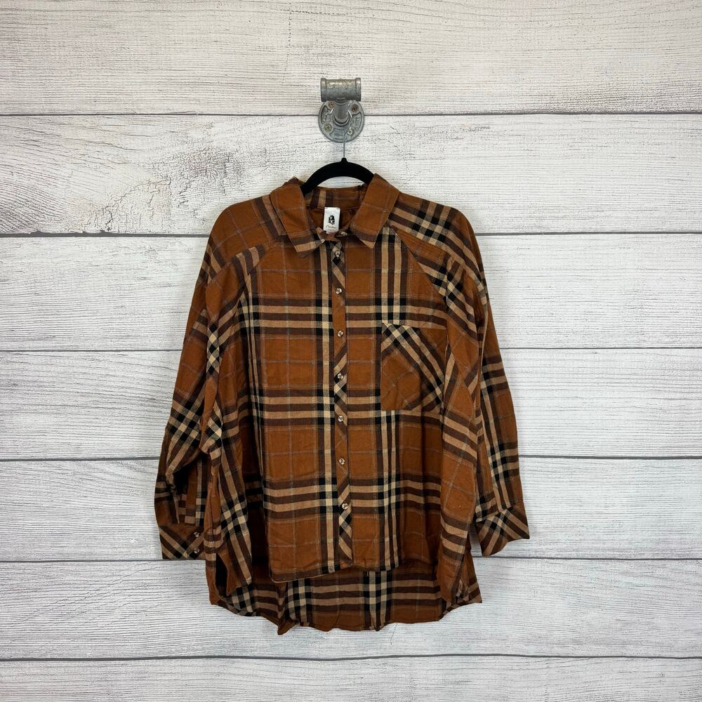 Flawless Plus Size Tan Plaid Button Up Flannel Top Size Large